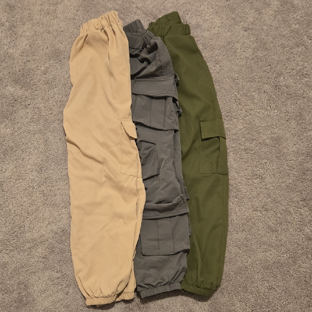 3 Pairs Shein Girl's Cargo Pants - Beige, Gray, and Green